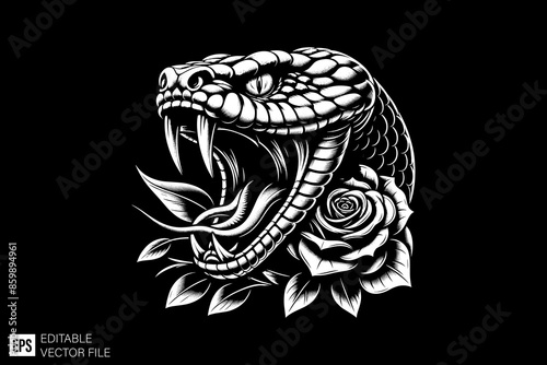 Illustration of snake head and rose around it vector design