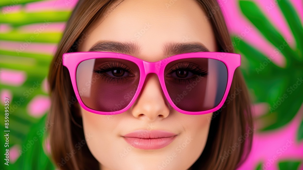 Close up portrait of smiling brunette woman wearing sunglasses on bright pink background with exotic plants. Close up portrait of smiling brunette woman wearing sunglasses on bright pink background with exotic plants.
