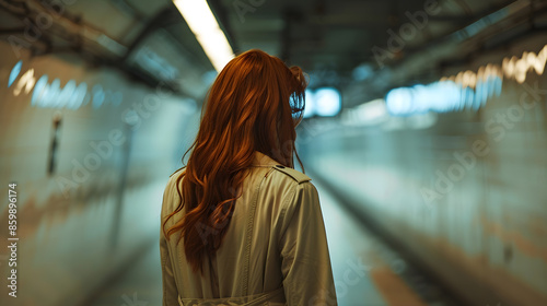 Cool teen stylish redhead fashion hipster girl model walking in big city subway Beautiful teenage girl with red hair wearing trench coat going in urban location : Generative AI © Generative AI