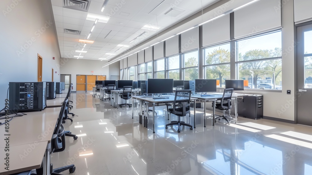 Modern computer lab with white walls, large windows, and rows of desks. Modern computer lab with white walls, large windows, and rows of desks.