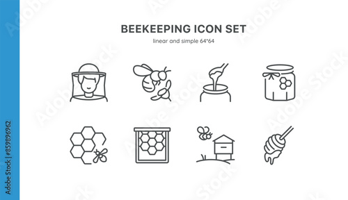 Beekeeping Vector Icons Set. Illustrations of Beekeepers, Bees, Honey Production, Honey Jars, Honeycomb, Beehives, and Beekeeping Equipment. Includes detailed symbols for each aspect of beekeeping. 