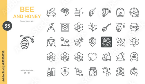 Bee and Honey Vector Icons Set. Beekeeping Tools, Honey Production, Bee Species, Honeycombs, Flowers, Beehives, and More. Editable Linear Collection.