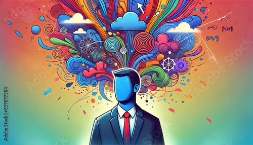 An illustration of a man encircled by disarray, symbolizing confusion and overthinking, in a vibrant, colorful style. The background features a gradie
