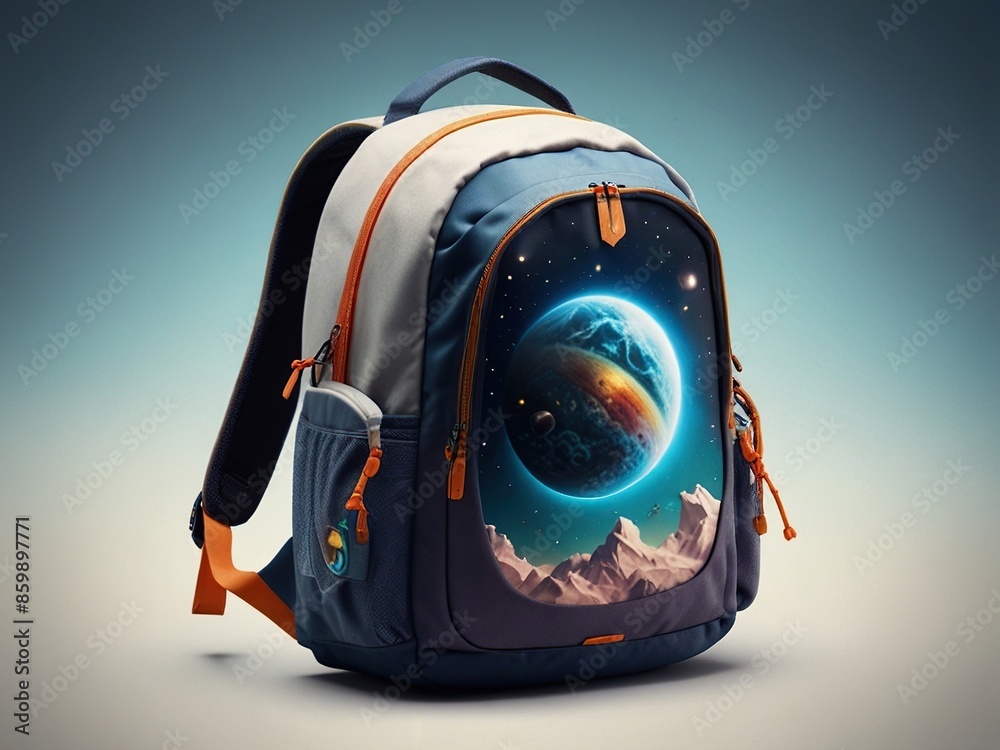 school backpack with a space-themed design on a neutral blue background ...