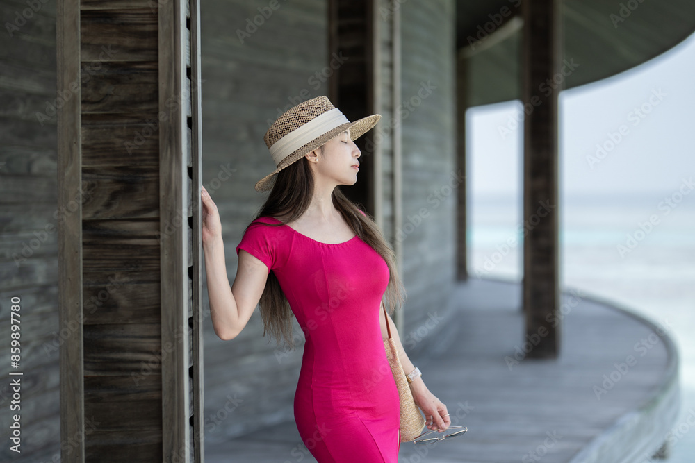 Woman in pink dress standing in front of over water villas standing on wooden bridge in Maldives. Woman in pink dress standing in front of over water villas standing on wooden bridge in Maldives.
