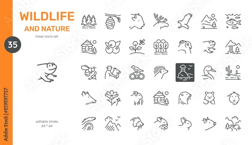Wildlife and Nature Vector Icons Set. Forest Animals, Birds, Plants, Landscapes, and Natural Habitats. Editable Symbols Collection on White Background.