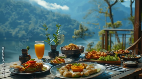 A delicious spread of food on a table overlooking a breathtaking mountain range and body of water.