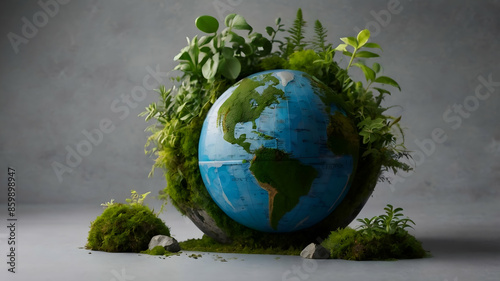 A globe covered with plants and moss on a neutral background. Earth Surrounded by Lush Greenery

