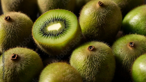 Fresh Kiwi Fruit Close-Up. A macro shot of fresh kiwi fruits, showcasing the vibrant green interior

