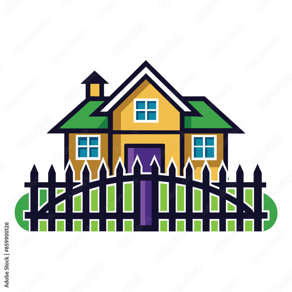 A simple, cartoon-style illustration of a yellow house with a green roof and black fence. A simple, cartoon-style illustration of a yellow house with a green roof and black fence.