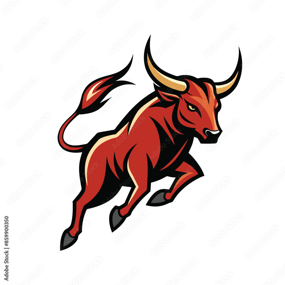 A red bull with large horns is leaping forward in a bold pose, its tail raised high. The bulls muscular body and determined expression convey power and energy. A red bull with large horns is leaping forward in a bold pose, its tail raised high. The bulls muscular body and determined expression convey power and energy.