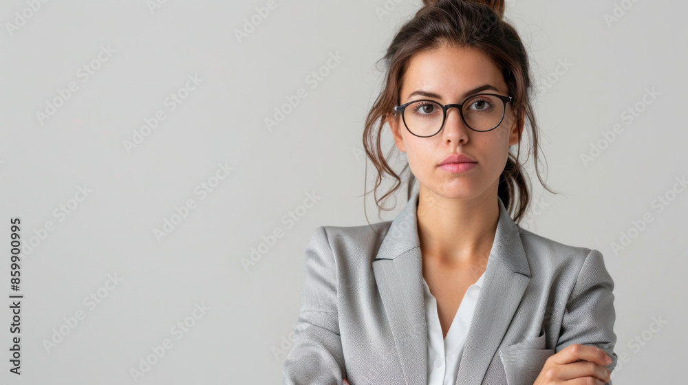 A young businesswoman wearing glasses and a suit looks confidently at the camera. A young businesswoman wearing glasses and a suit looks confidently at the camera.