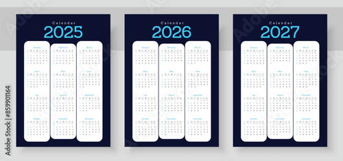 Calendar 2025, calendar 2026 and calendar 2027. Week start Sunday. Simple vertical calendar design template. Corporate design planner template. Organizer in English. Pocket or wall formats.