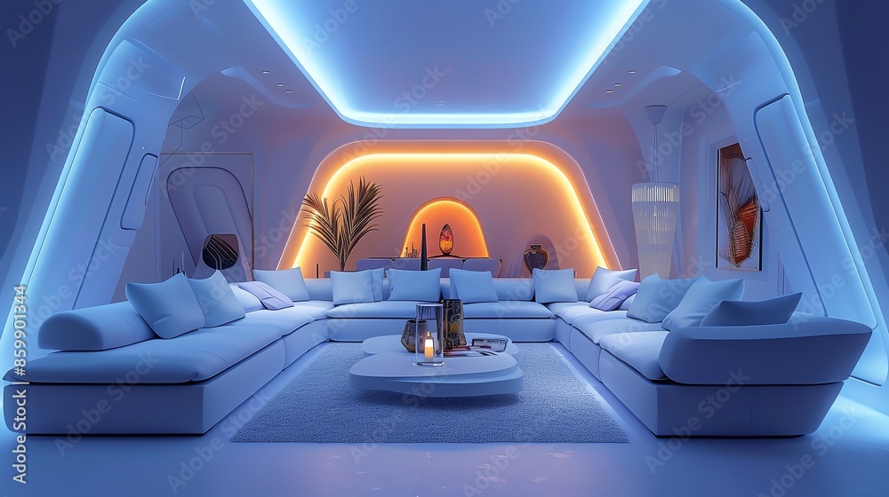 Futuristic living room with white couch, coffee table, and blue and orange lighting. Futuristic living room with white couch, coffee table, and blue and orange lighting.