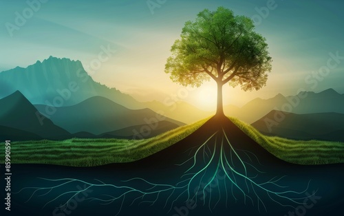 A majestic tree with deep roots stands illuminated by the sunrise, set against a backdrop of mountains and lush greenery. photo