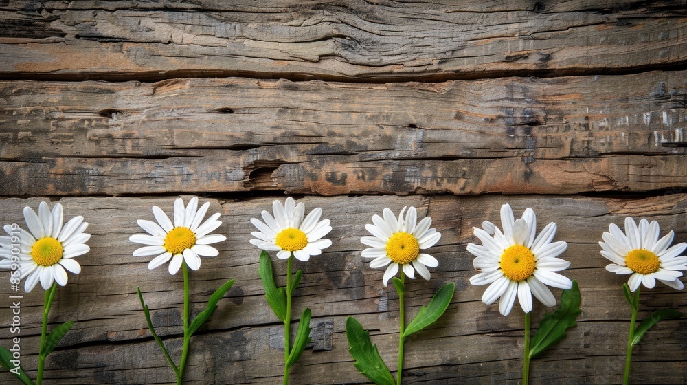 Obraz premium Daisies in a row on wood backdrop