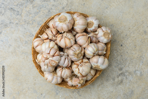 flat lay garlic in the basket