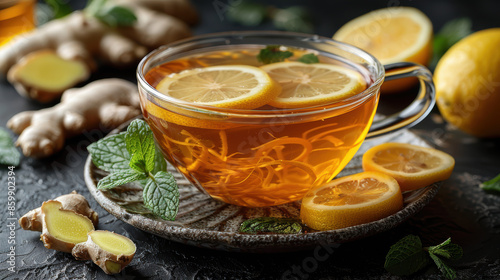 A cup of hot lemon and ginger tea on a dark background. The tea is made with fresh lemon slices, ginger root, and honey. It is a perfect drink for a cold winter day.