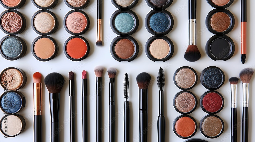 A variety of makeup brushes and eyeshadows are arranged on a white background. The eyeshadows are in round pots and the brushes are black with silver or brown handles. A variety of makeup brushes and eyeshadows are arranged on a white background. The eyeshadows are in round pots and the brushes are black with silver or brown handles.