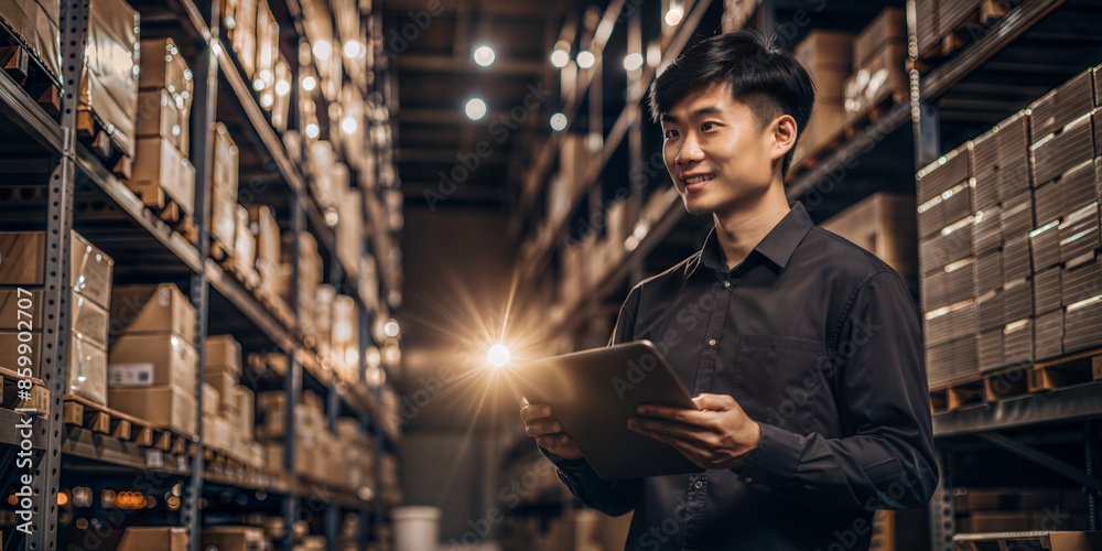 Smiling man with tablet in warehouse Smiling man with tablet in warehouse