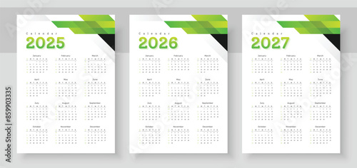 Calendar 2025, calendar 2026 and calendar 2027. The week starts on Sunday. Corporate design planner template. Pocket or wall formats. Organizer in English.