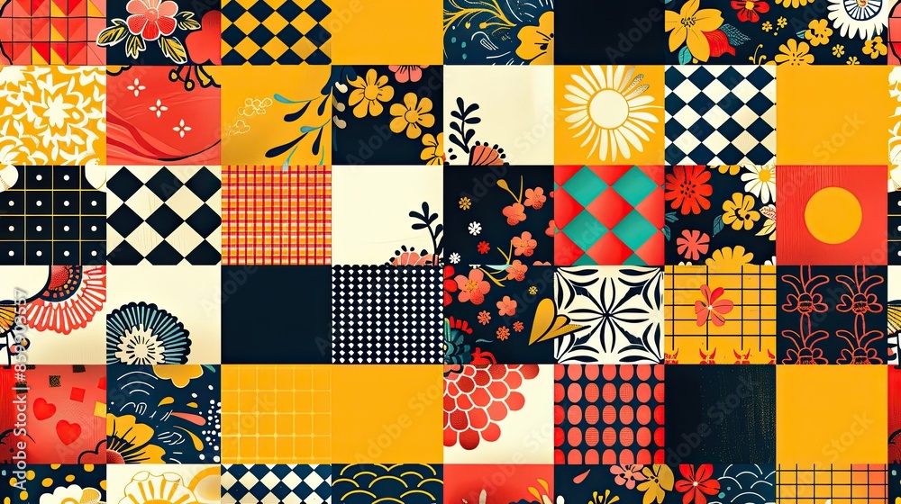 A yellow background with Japanese patterns and a checkered pattern A yellow background with Japanese patterns and a checkered pattern
