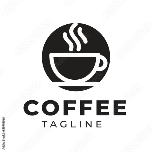 Minimalist style logo with a coffee cup icon at the top of the cup symbolizing hot smoke. This logo can be used for coffee restaurants