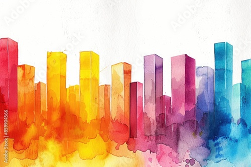 Vibrant abstract watercolor cityscape with colorful buildings blending into white background, creating a lively urban atmosphere. photo