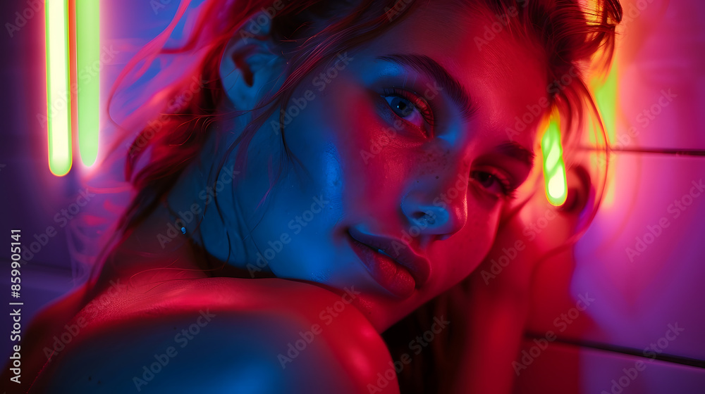Toned portrait of beautiful woman with glowing neon lamps on dark color background : Generative AI Toned portrait of beautiful woman with glowing neon lamps on dark color background : Generative AI
