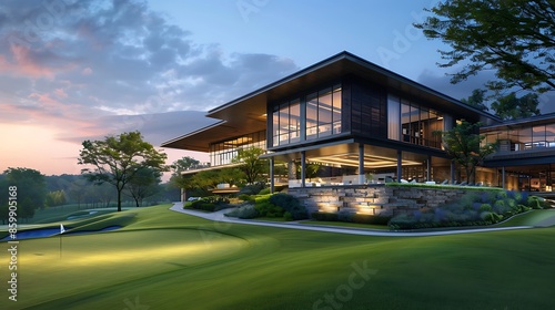 A contemporary golf course clubhouse with an expansive deck  greens and fairways