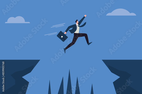 Businessman jump over the cliff. Ambitious businessman in blue suit jump over the cliff, flat illustration.