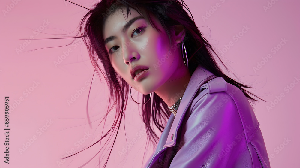 Fashion asian female model Lilac leather jacket Asian fashion : Generative AI Fashion asian female model Lilac leather jacket Asian fashion : Generative AI