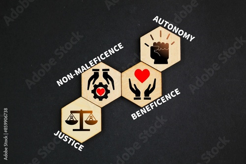 Fotografía hexagon with icons and words Respect for autonomy, beneficence, non-maleficence, and justice