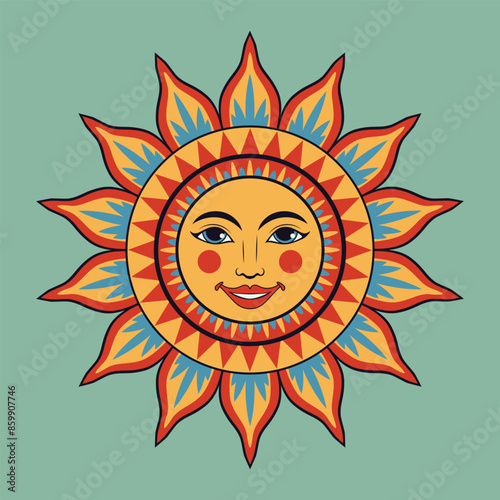 Cute cartoon decorative sun with smiling female face, simple illustration.