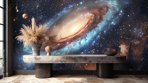 Entryway, galaxythemed wallpaper, sleek console table, welcoming and mystical photo