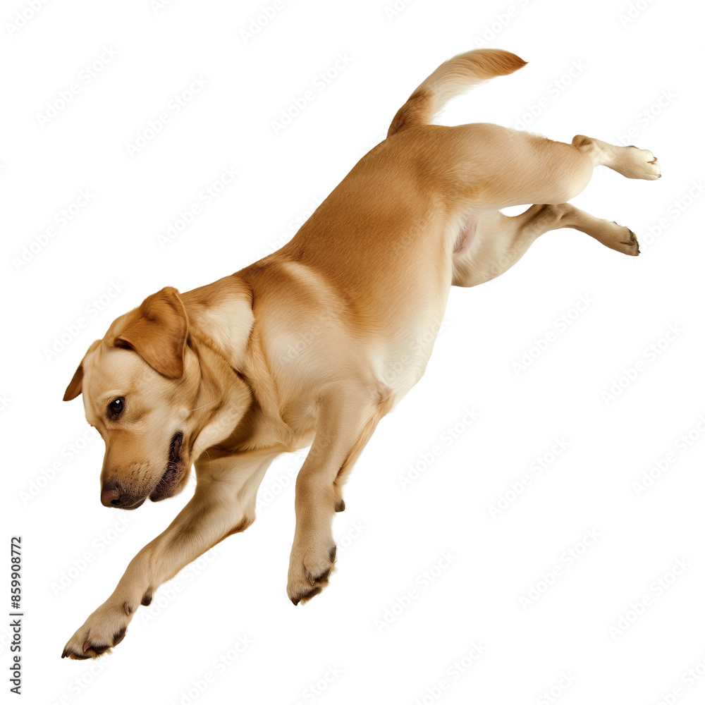 Jumping Labrador dog, dynamic pose, isolated on white or transparent background, png clipart, design element.