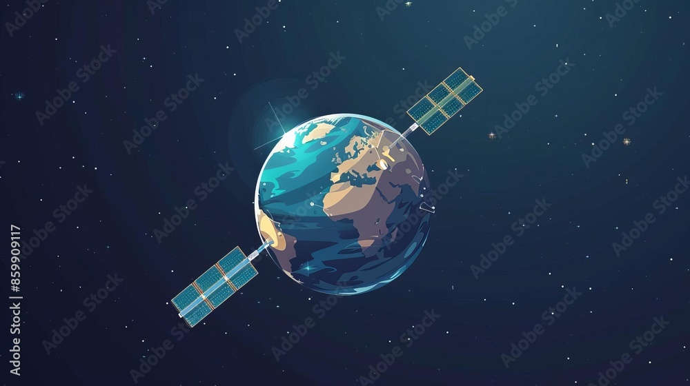 Illustration of Earth with a satellite in space highlighting global communication and technology advancements. Illustration of Earth with a satellite in space highlighting global communication and technology advancements.