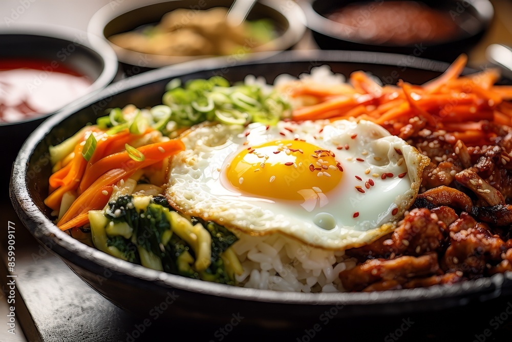 Bibimbap with rice, fried egg and vegetables in bowl
Bibimbap with rice, fried egg and vegetables in bowl