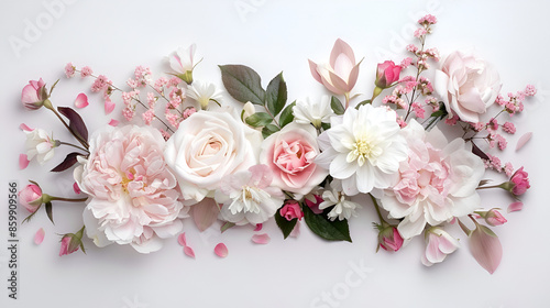 Composition of beautiful flowers on a white background, Beautiful bouquet of different flowers on color background, top view, Bouquet of flowers on white background