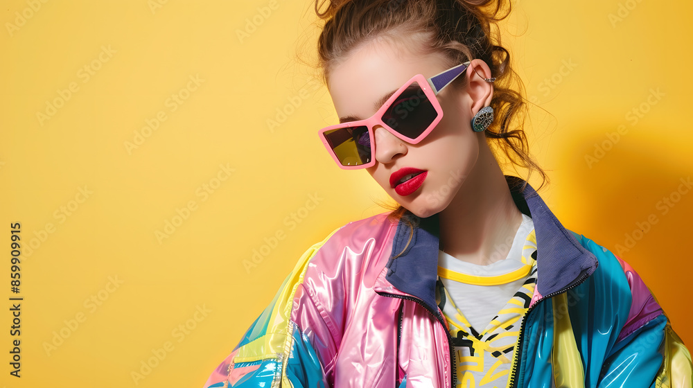Cool teenager Fashionable DJ girl in colorful trendy jacket and vintage retro sunglasses enjoys style of 80s 90s vibes Teenager Girl at disco party Young fashion model on yellow color : Generative AI Cool teenager Fashionable DJ girl in colorful trendy jacket and vintage retro sunglasses enjoys style of 80s 90s vibes Teenager Girl at disco party Young fashion model on yellow color : Generative AI