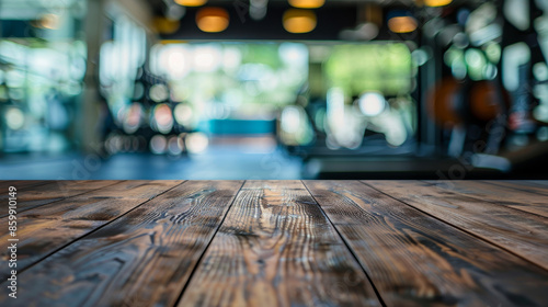 Blurred gym background with empty table top, ideal for fitness product displays.