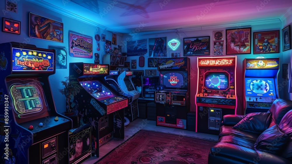 Retro arcade game room with neon lights and classic arcade machines. Retro arcade game room with neon lights and classic arcade machines.