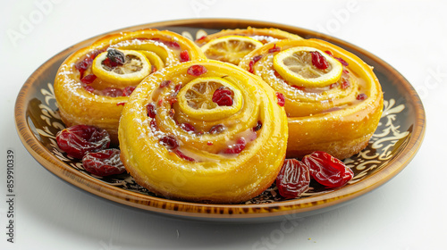 Lemon Rolls with Cream Cheese Frosting and Yellow Flowers on Plates - Sweet and Summery Treats Stock Photo © Sunanta