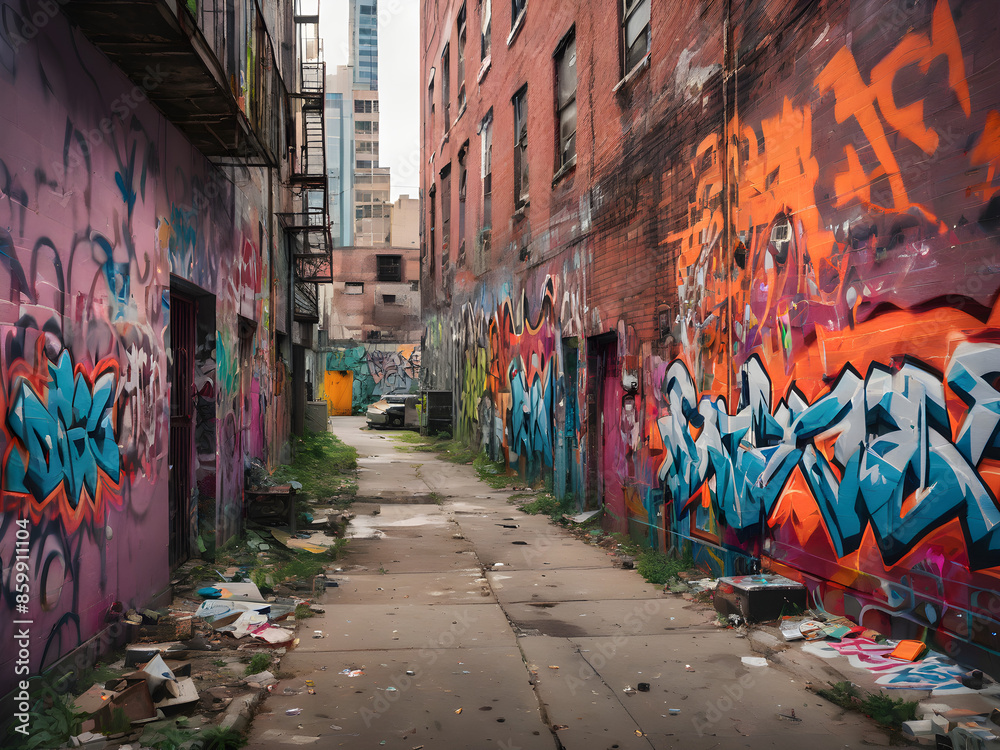 Fototapeta premium Venture into the heart of the city to capture the raw beauty of urban environments. Look for graffiti-covered walls, abandoned buildings, and bustling street scenes.