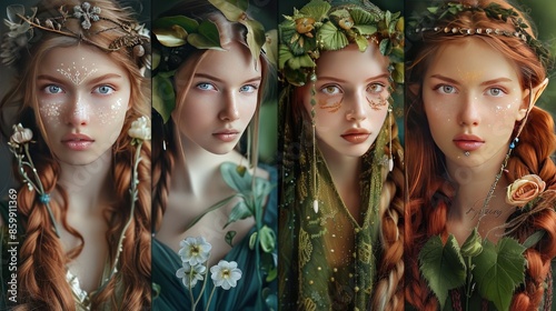 Women elf princess fairy tale beautiful face model collection set Background wallpaper AI generated image photo