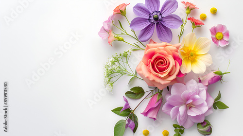Composition of beautiful flowers on a white background, Beautiful bouquet of different flowers on color background, top view, Bouquet of flowers on white background

