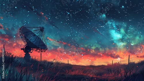 Radio telescope aimed at the starry sky, illustration background photo