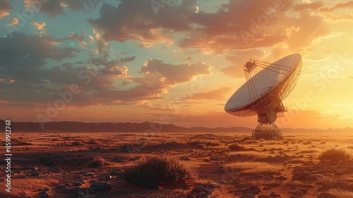 Huge radio telescope aimed directly into the sky in the middle of a deserted desert catching signals, professional color grading, clean sharp focus, high-end retouching, style magazine photography, photo