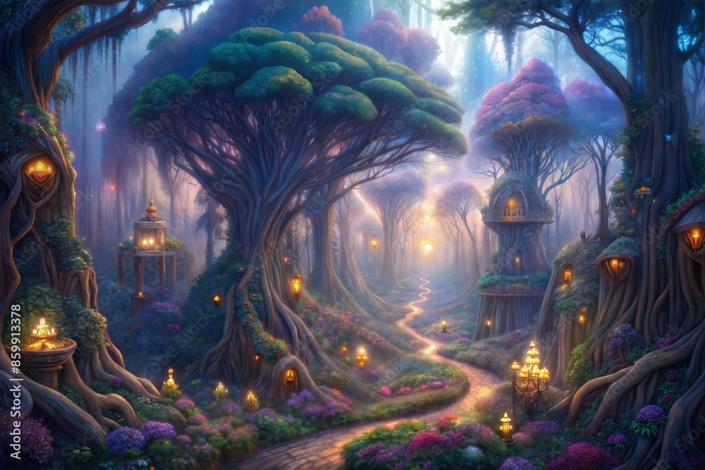 Fototapeta premium fantasy landscape with forest and magic trees.3d illustration.