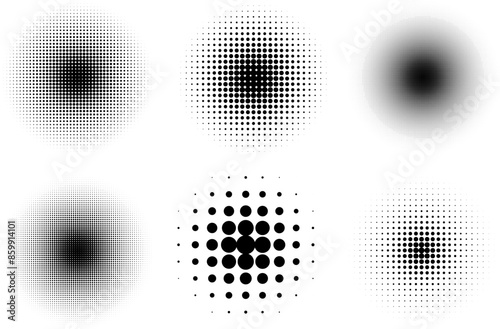 Pop art comic style dotted circle halftone pattern. Abstract dotted circles, round halftones geometric dots, pop art texture. Illustration halftone effect round shape. Set of elements
